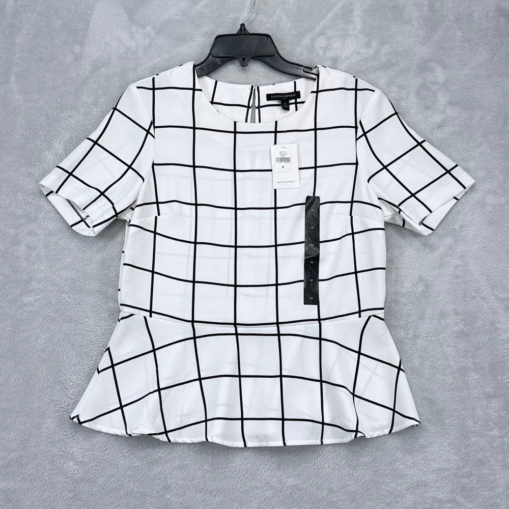 Banana Republic Peplum Top Women Medium White Black Windowpane Grid Short Sleeve